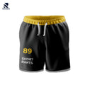 Rovarix black athletic shorts with yellow waistband and 89 SHORT PANTS graphic print
