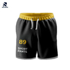 Rovarix black athletic shorts with yellow waistband and 89 SHORT PANTS graphic print