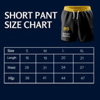 Rovarix shorts size chart showing measurements for S M L XL sizes length waist hip