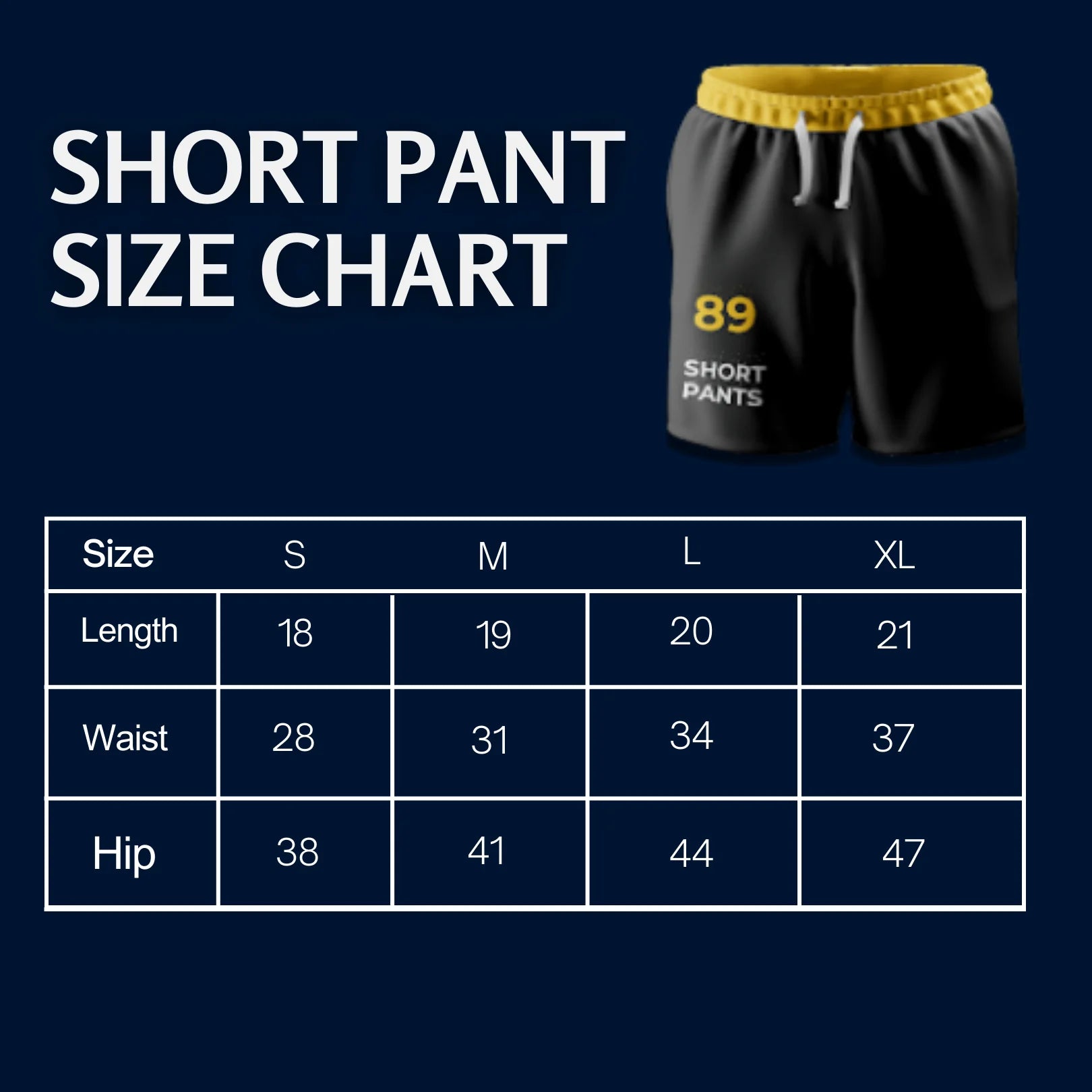 Rovarix shorts size chart showing measurements for S M L XL sizes length waist hip
