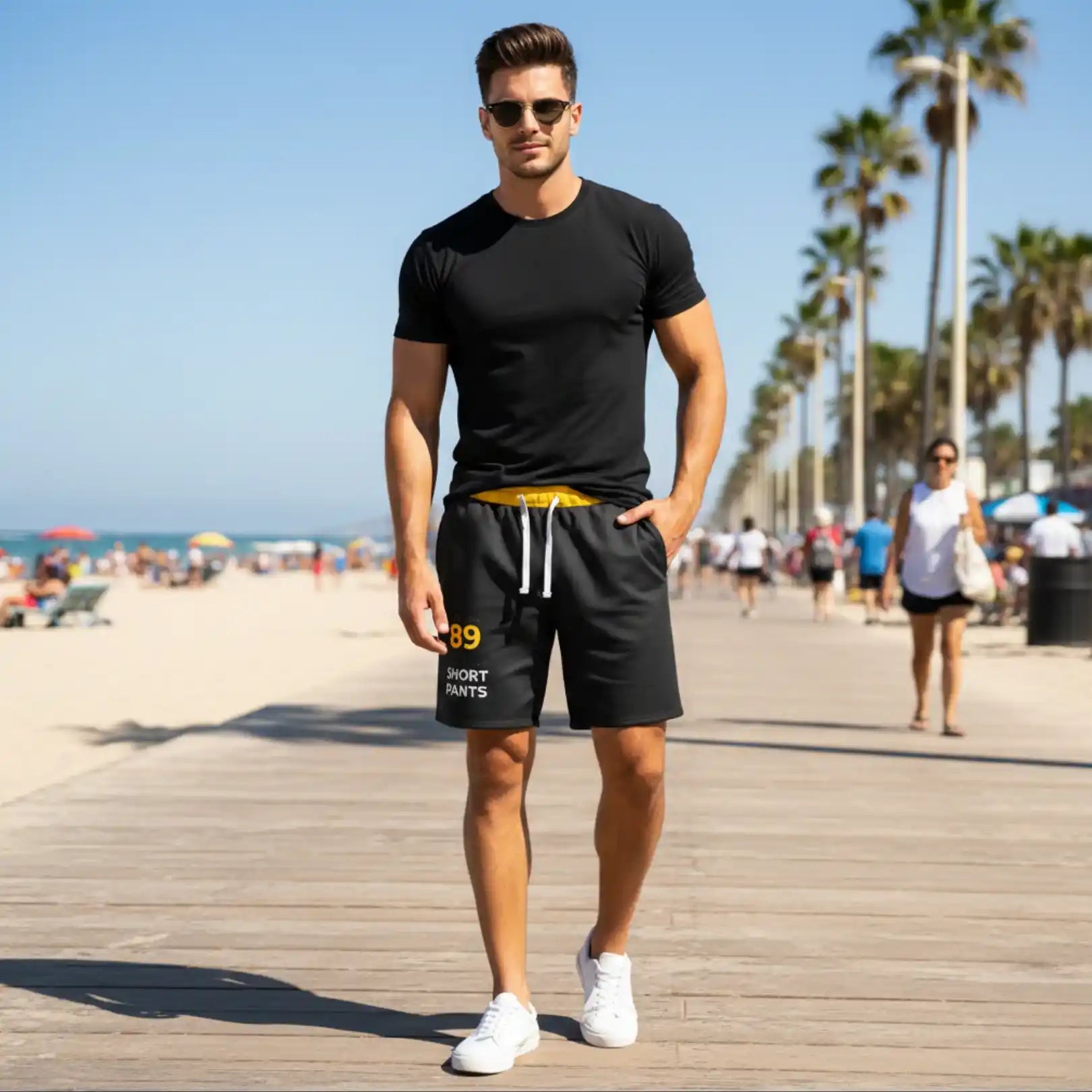 Man wearing Rovarix black and yellow 89 graphic shorts on beach boardwalk with black tee