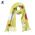 Vibrant lime yellow scarf with red circles and white lemon patterns on white background.