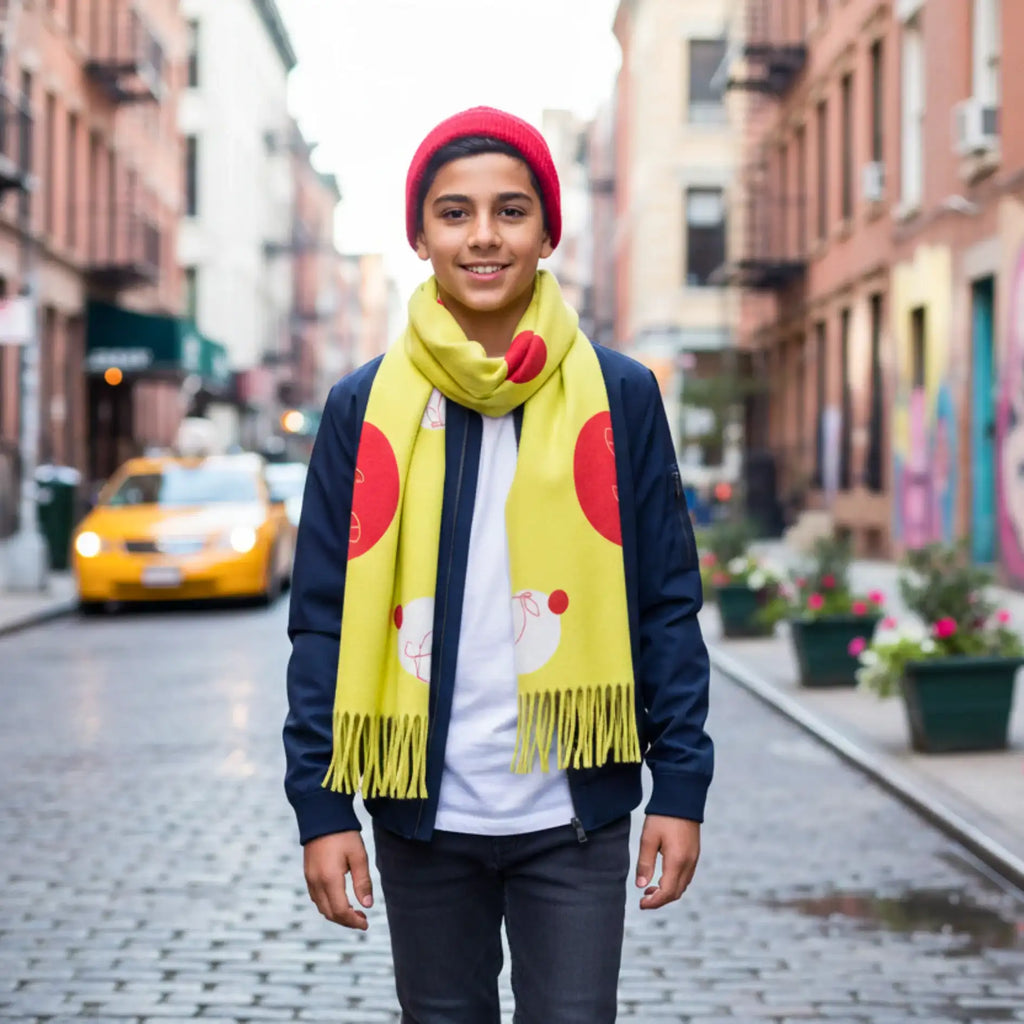 Young man in a red beanie and navy jacket wearing the Rovarix lime yellow lemon scarf on a city street.