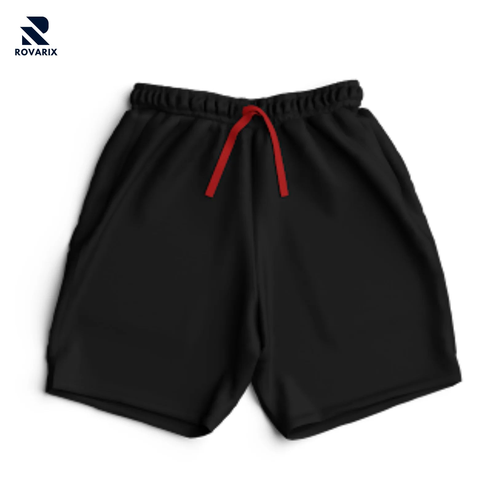 Rovarix black athletic shorts with red drawstring elastic waistband gym training