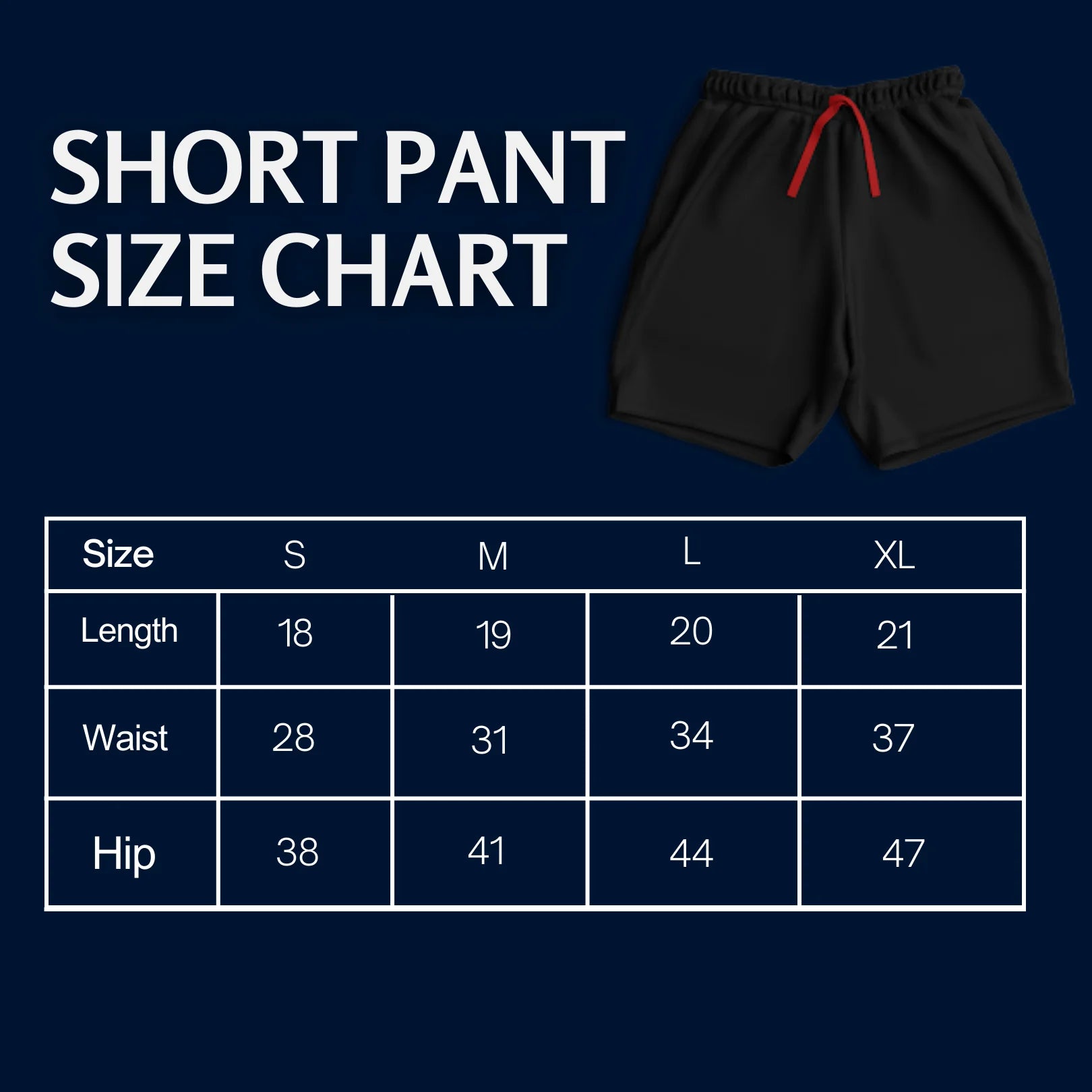 Rovarix athletic shorts size chart showing measurements for S M L XL sizes length waist hip