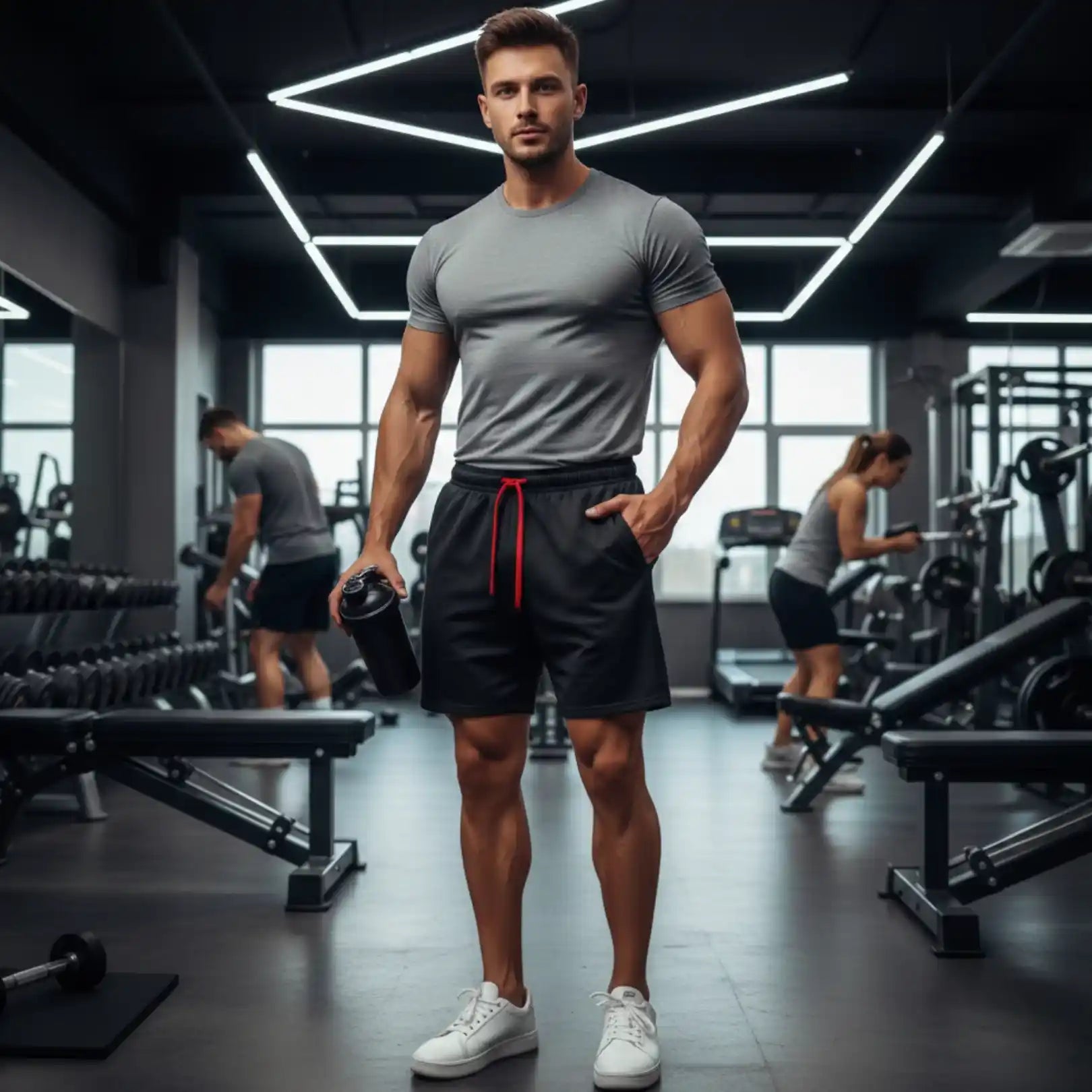 Fit man wearing Rovarix black athletic shorts with red drawstring in modern gym workout facility