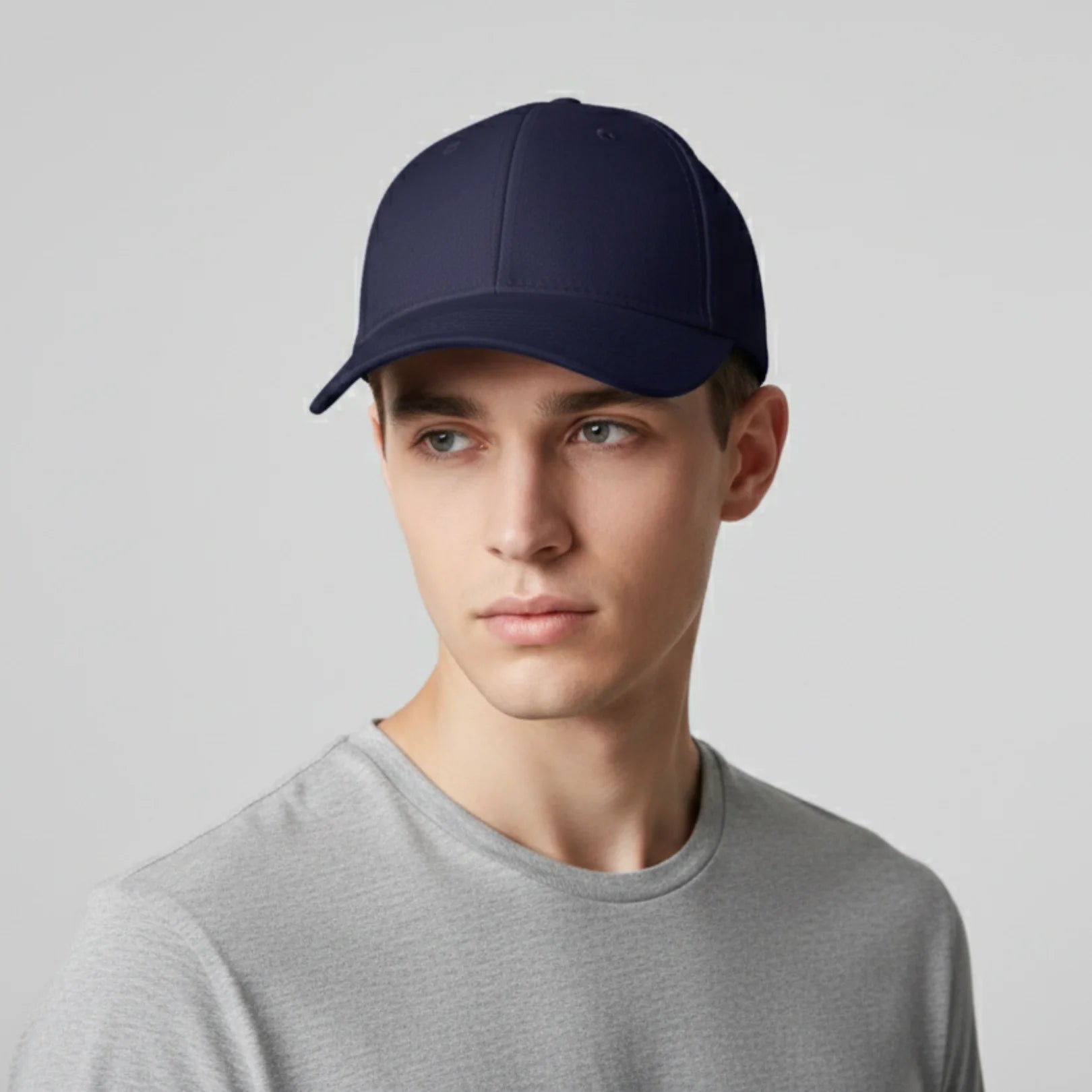 Man wearing Rovarix navy blue classic baseball cap with structured crown and curved brim