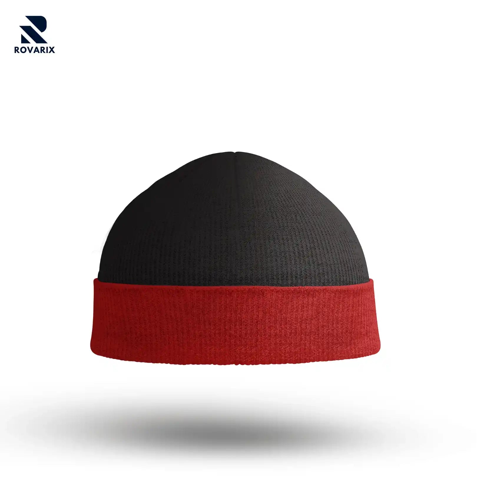 Rovarix two-tone knit beanie with black crown and red cuff color-blocked winter hat