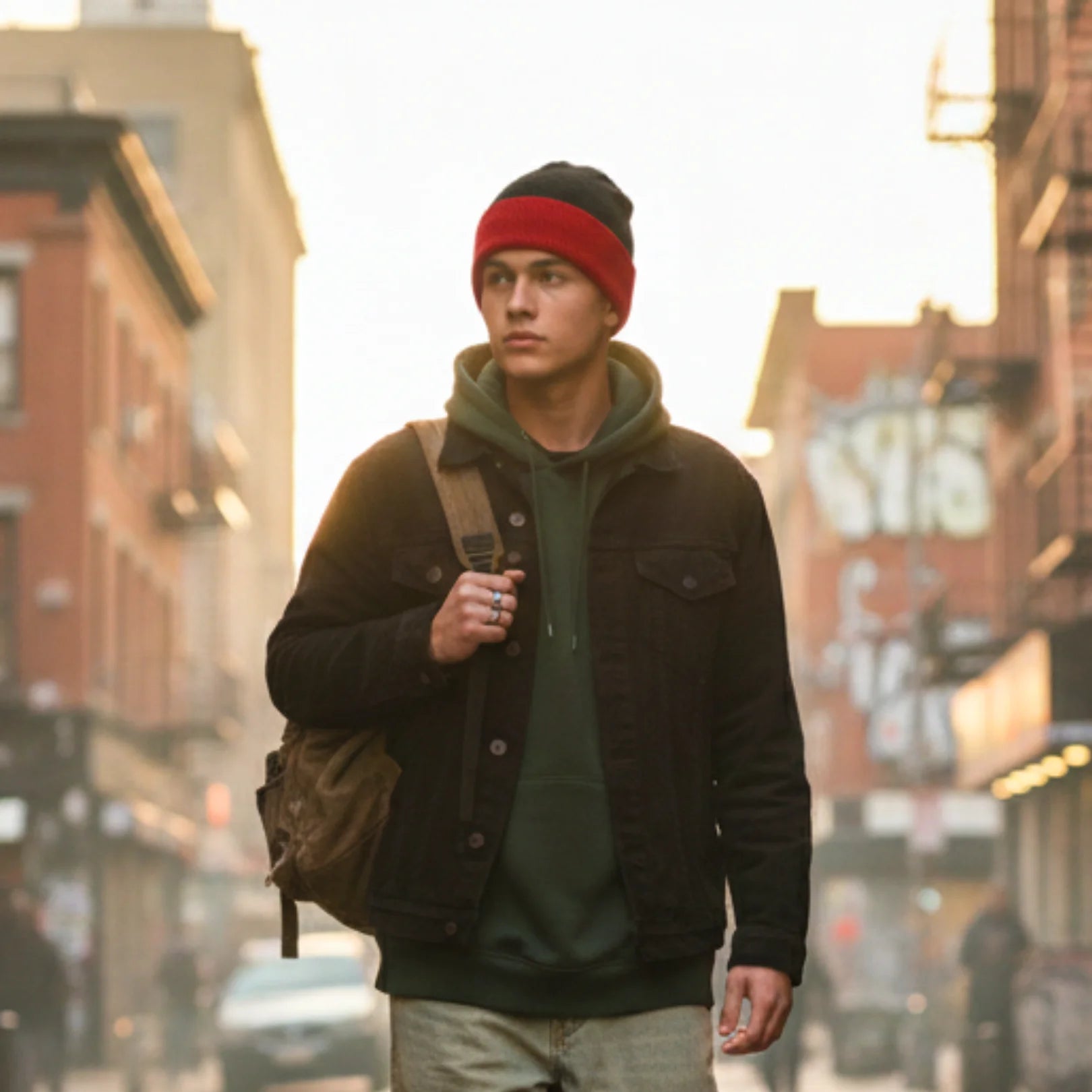 Man wearing Rovarix black and red two-tone beanie in urban city street with olive jacket and backpack